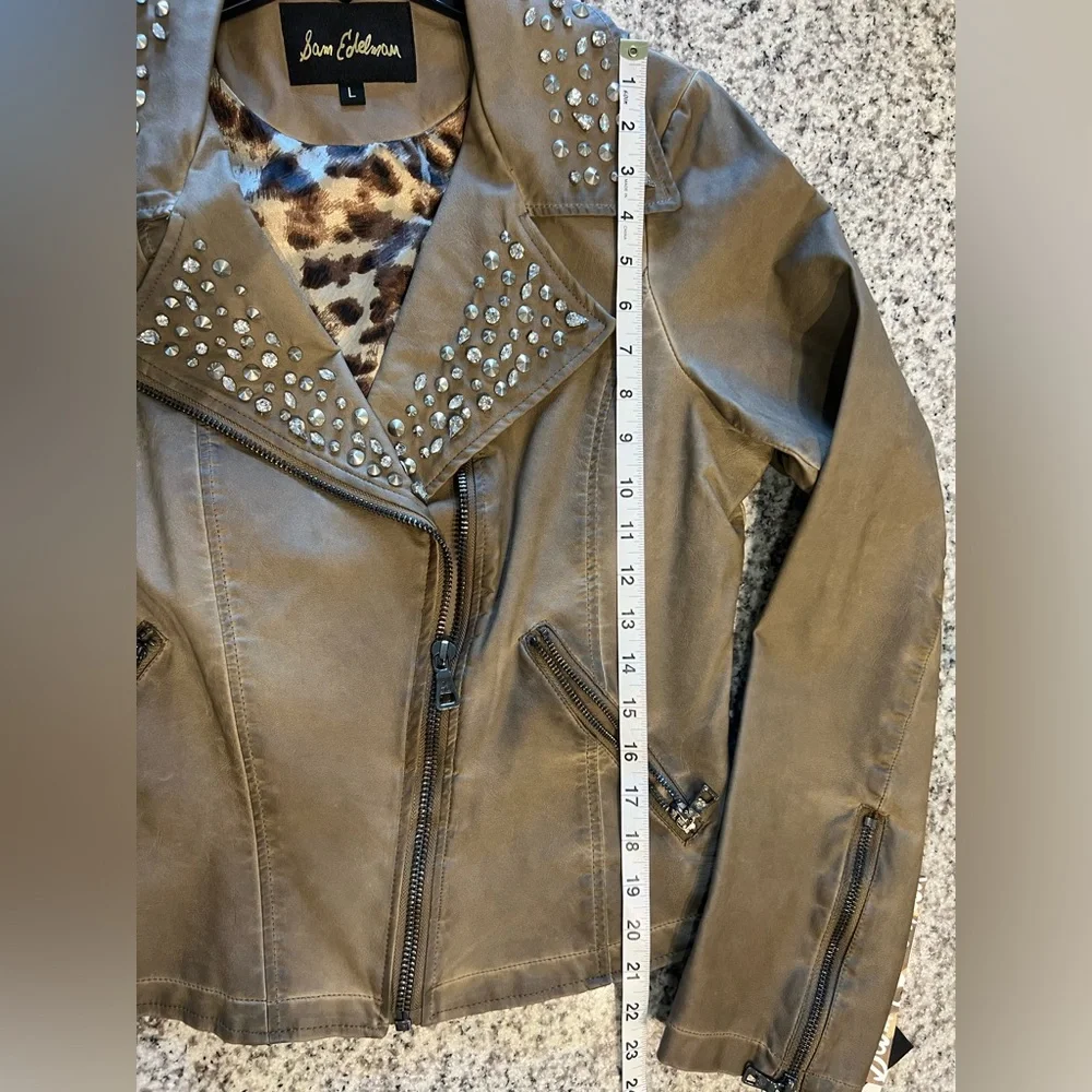 Sam Edelman Studded Distressed Tan/Brown Moto Jacket With Leopard Print Lining